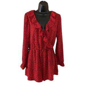 Divided H&M Red & Black Animal Print Romper Long Sleeve Wrap Ruffle Neck Size 0